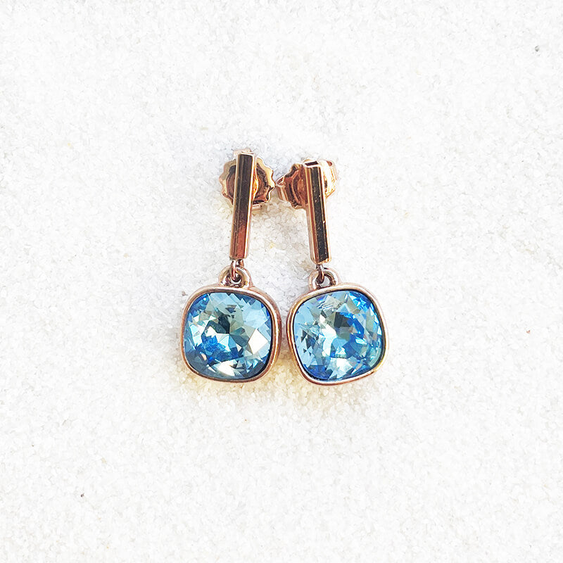 Blue Swarovski drop earrings rose gold finish